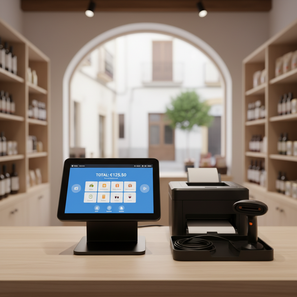 A compact touchscreen TPV terminal with a glossy black bezel and bright, legible retail software interface stands prominently on a spotless wooden checkout counter in a small Mediterranean-style shop interior. Beside it, a matching receipt printer and barcode scanner rest on a neatly arranged cable-management tray, all hardware aligned with precision. The softly blurred background shows shelves of generic, non-branded products and a subtle hint of a street in Vila-real through a large front window. Warm, late-afternoon sunlight mixes with neutral ceiling spotlights, casting gentle shadows and subtle highlights on the TPV’s edges. Photographic realism, slightly elevated angle, clean and modern aesthetic conveying efficiency, speed, and reliability for local commerce.