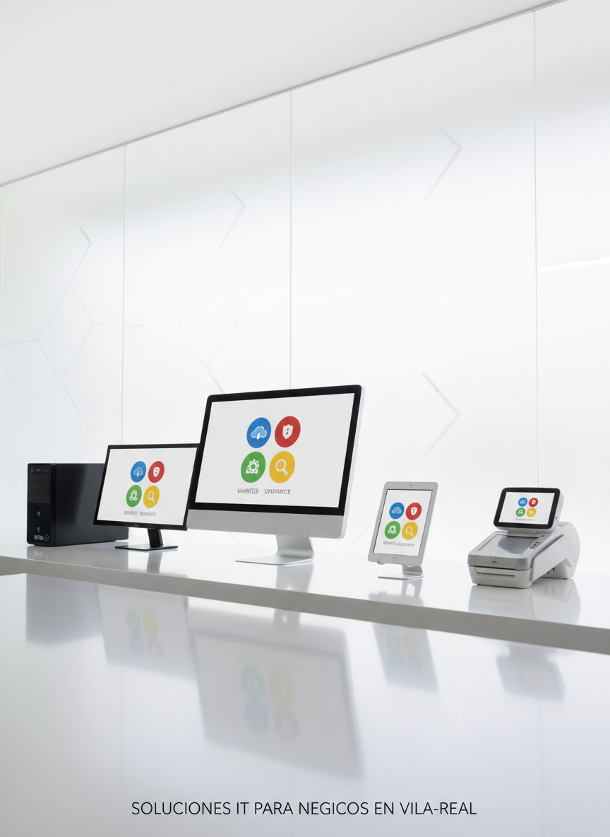 An orderly row of small business devices—compact desktop PC, slim all-in-one computer, tablet on a stand, and a TPV terminal—arranged along a long, matte white counter as if in a consultation area for local shops. Each screen displays simplified, colorful icons representing backup, security, maintenance, and remote support services. Behind them, a large frosted glass panel with subtle geometric patterns diffuses bright, neutral daylight, creating a clean, high-tech ambiance. Gentle reflections on the counter and faint shadows add depth without clutter. Photographic realism, wide-angle eye-level shot with sharp focus throughout, minimalist and professional composition that visually explains the range of IT services offered to businesses in Vila-real.