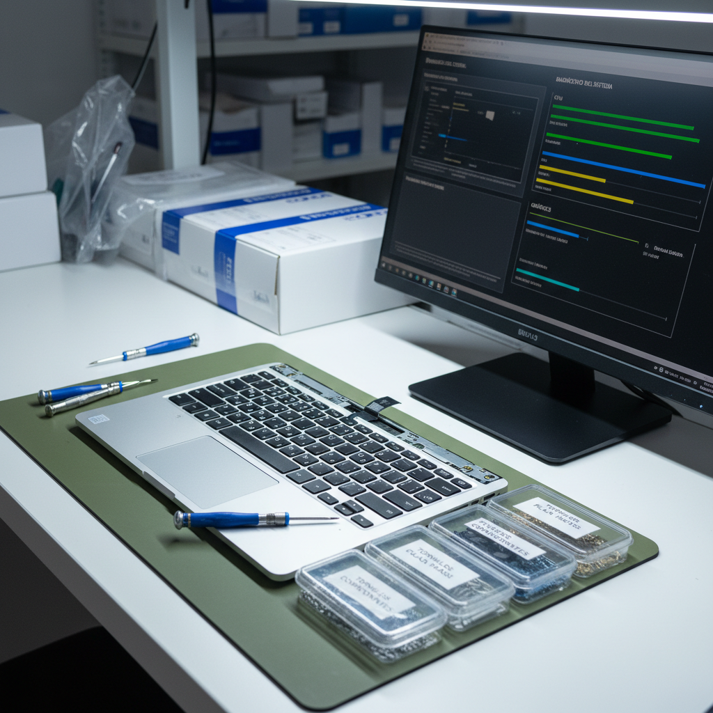A close-up of a mid-range business laptop resting on a smooth white service bench, its keyboard partially disassembled with precision screwdrivers, an anti-static mat, and labeled micro-containers holding tiny screws and components arranged methodically around it. A diagnostic screen on a nearby monitor shows a clear, colorful hardware test interface in Spanish, indicating ongoing repair. Cool, even LED workbench lighting illuminates every detail, reducing harsh shadows and making metal surfaces subtly gleam. The background is softly out of focus, hinting at organized shelves with neatly stacked spare parts boxes and clean packaging. Photographic realism, overhead three-quarter view, calm and methodical mood that emphasizes careful, professional computer repair work in Vila-real.