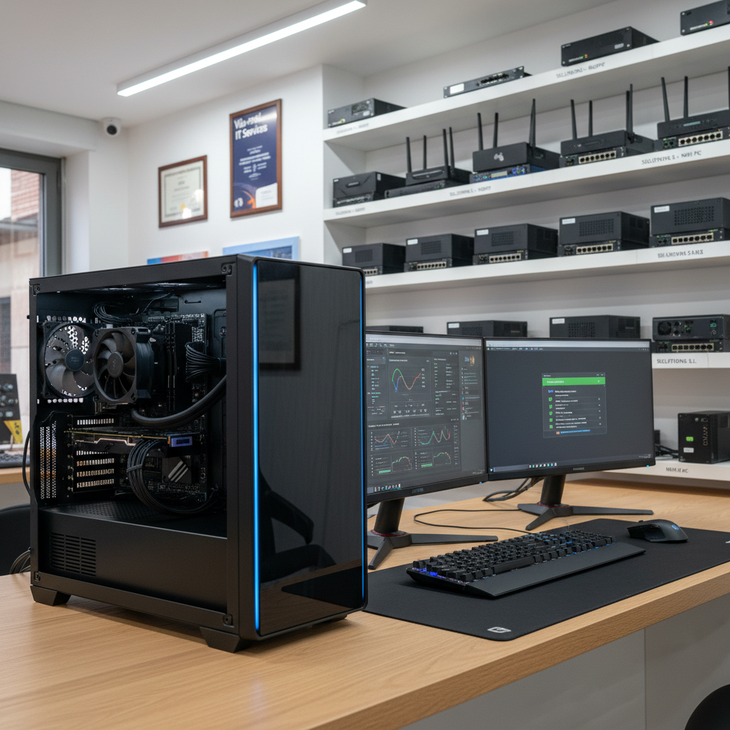A sleek black desktop computer tower with subtle blue LED accents, side panel slightly open to reveal cleanly arranged components and neatly managed cables, standing beside a dual-monitor setup on a light oak counter. The screens display a clear, modern dashboard of system diagnostics and backup status. Behind, rows of neatly labeled routers, switches, and small form-factor PCs line white shelves, suggesting a professional repair workshop in Vila-real. Soft, diffused daylight enters from an unseen window, complemented by cool overhead LED strips, creating crisp reflections on the equipment. Photographic realism, eye-level composition with moderate depth of field, emphasizing order, reliability, and professional IT service for local businesses.